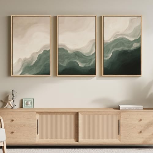 Framed Green and Beige Minimalist Abstract Wall Art, 3 Piece Set Each 16x24 by Cuspin