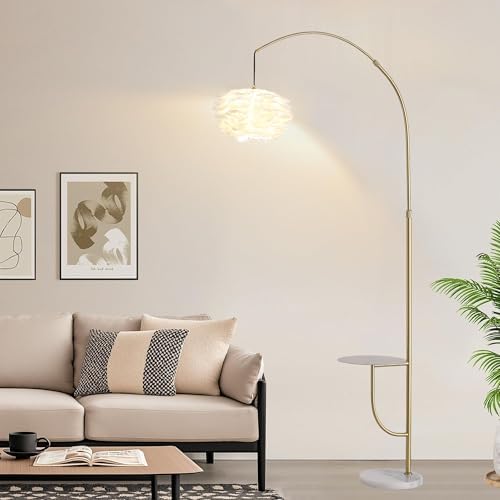 Arc Floor Lamp with Side Table, White Feather 3 Color Temperature Standing Light, Modern Minimalist Reading Lamp for Living Room Bedroom Sofa Bedside - Image 5