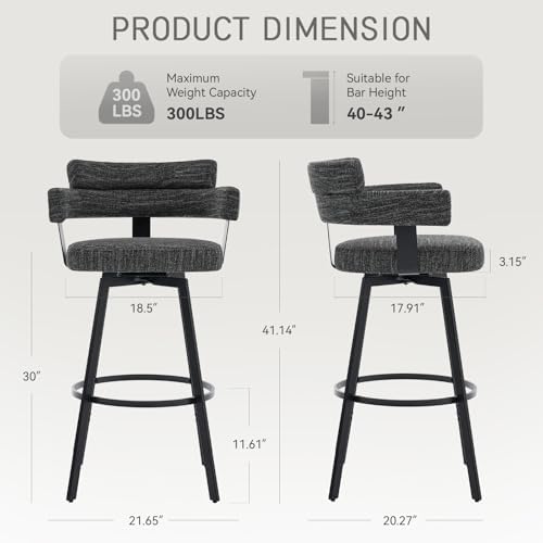 30 Inch Bar Stools Set of 2 with Full Back, Swivel Bar Chairs with Linen Padded Back, Metal Footrest, Modern Bar Height Stools for Kitchen Island, Dining, Living Room, Black - Image 2