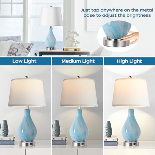 Modern Accent Table Lamp Set of 2 Touch Control, 22" Faded Swirl Blue Gray Art Glass Bedside Lamp with USB Ports, 3-Way Dimmable Hand Crafted Nightstand Lamps White Drum Shade for Living Room Bedroom - Image 2