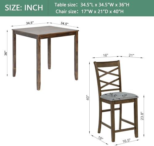 Harper & Bright Designs Counter Height Dining Table Set 5-Piece, 34.5" Square Wooden Table & 4 Upholstered Chairs, Modern Walnut Finish Counter Height Set for Kitchen, Dining Room, Small Spaces - Image 2