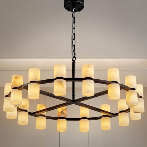 Alabaster Round Chandelier, Natural Spanish Stone Texture Chandeliers, D31in Round Chandeliers for Dining Room Chandelier Light Fixture for Kitchen Living Room Foyer Entryway Hallway (Black) by Unknown