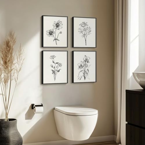 Framed Black and White Minimalist Floral Bathroom Wall Art, 4 Piece 8x10 In - Image 2