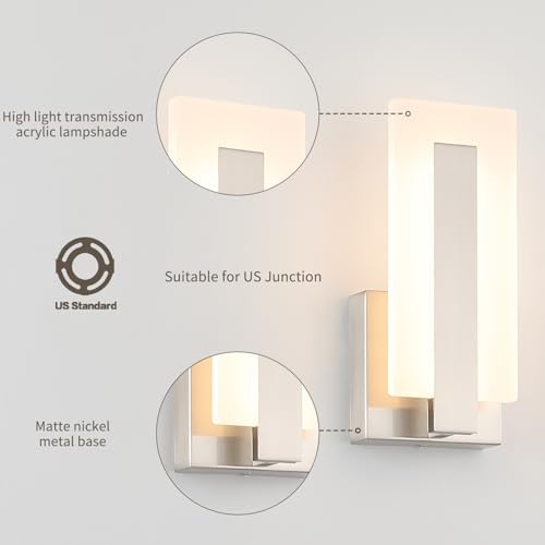 Joosenhouse LED Wall Sconce Set of 2, Hardwired Dimmable Wall Mounted Lights, Indoor Wall Lights for Hallway, Bedroom, Study, Living Room, 9.76 Inch Brushed Nickel Wall Sconce Lighting - Image 2