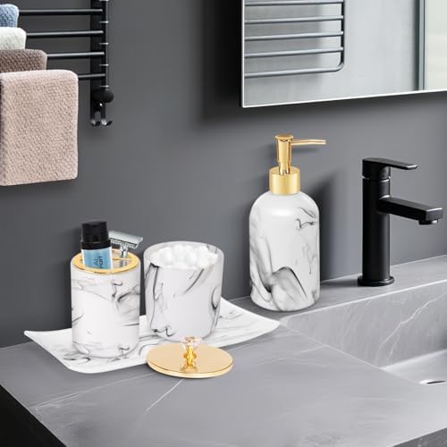 Haturi Bathroom Accessories Set, 4 Pcs Marble Look Sets Soap Dispenser & Toothbrush Holder Counter Top Restroom Apartment Decor Stuff, Glass Kits, Gift for Women and Men, Ink White - Image 5