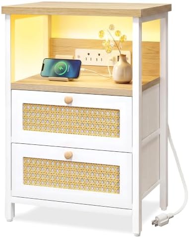 Fixwal Night Stand with Charging Station, Led Nightstand, 2 Fabric Drawers - Image 5