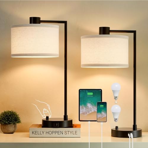 Luvkczc Table Lamp for Bedroom Set of 2 with USB C+A Ports, Fully Stepless Dimmable Bedside Lamp with Linen Lampshade, Contemporary Lamp for Living Room Reading Office, 2 LED Bulbs Included (Black) by Luvkczc