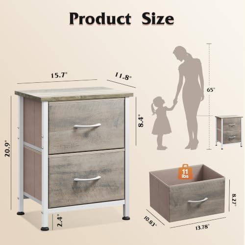 WLIVE Nightstand, 2 Drawer Dresser for Bedroom, Small Dresser with 2 Drawers, Bedside Furniture, Night Stand, End Table with Fabric Bins for Bedroom, Closet, College Dorm, Greige Oak - Image 3