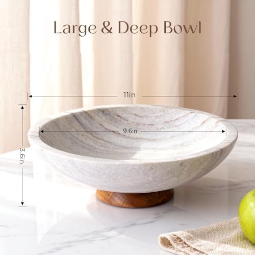 SAMAH Gray Marble Fruit Bowl with Acacia Wood Pedestal, Large Decorative Marble Bowl, Natural Stone Fruit Bowl for Kitchen Counter, Entryway, Keys, Dining Table, House Warming Gifts New Home(11Inch) - Image 5