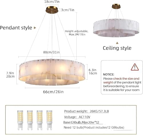 Alabaster Chandelier 31 Inch, Modern Round Chandelier for Dining Room, 12-Light 2-Tier Natural Stone Chandeliers with G9 Bulbs, Gold Spanish Alabaster Fixture for Living Room, Foyer, Bedroom - Image 5