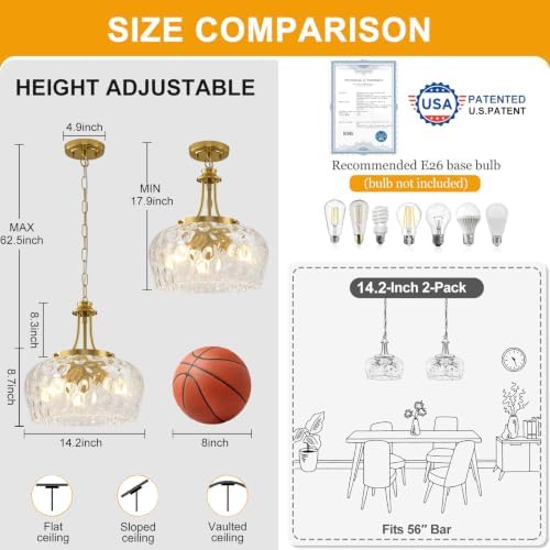 Modern Pendant Lights Kitchen Island, 3-Light Gold Pendant Light Fixtures with 14.2" Clear Hammered Glass Shade, Industrial Hanging Pendant Lights Fixture for Kitchen Island, Dining Room, Entryway - Image 5