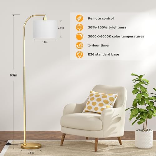 Ambimall Arc Floor Lamp with Remote and Stepless Dimmable Bulb, Colors Temperature & Brightness Adjustable, Floor Lamps for Living Room(White Shade & Gold Pole) - Image 2