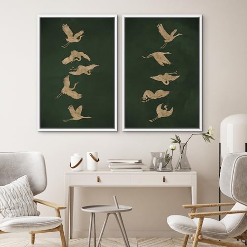 SIGNWIN Framed Canvas Print Wall Art Set Golden Cranes in Flight on Deep Green Illustrations Modern Art Rustic Colorful Ultra for Living Room, Bedroom, Office - 24"" x36 x2 White - Image 4