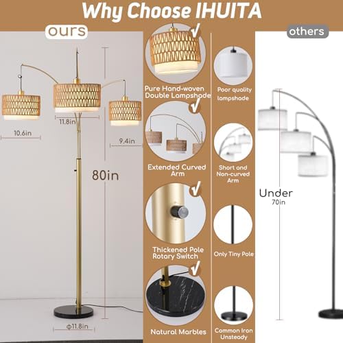 3-Light Arc Gold Rattan Floor Lamp for Living Room,80'' Boho Lamp - Image 3