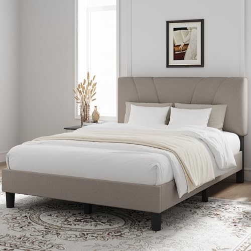 Novilla King Size Bed Frame with Adjustable Headboard Platform King Bed Frame Linen Fabric Upholstered Headboard, No Box Spring Needed, Noise-Free, Wooden Slats Support, Easy Assembly, Beige - Image 3