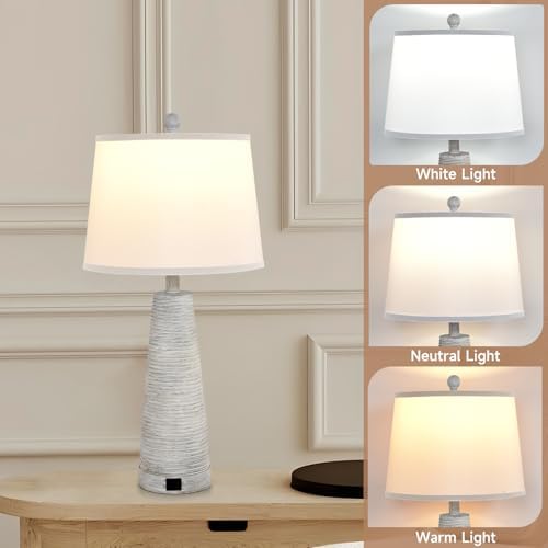Terpsichore Nightstand Lamp Bedside Lamps Set of 2 Vintage Rustic Farmhouse Table Lamp 3 Way Dimmable Horizontal Stripe Light,for Living Room Bedroom,USB A+C (White, High 27 Inch) - Image 5