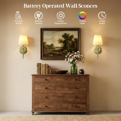 Battery Operated Wall Sconces Set of 2, Wireless Wall Lights with 12 RGB Colors and 3CCT Dimmable, Small Fabric LED Wall Lamps for Bedroom, Living Room, Hallway, Brass - Image 7