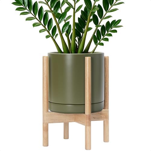 D'vine Dev Ceramic Pot with Natural Wood Stand, Olive, 10 in, 55-B-K-J by DvineDevPlanterPotsandStand