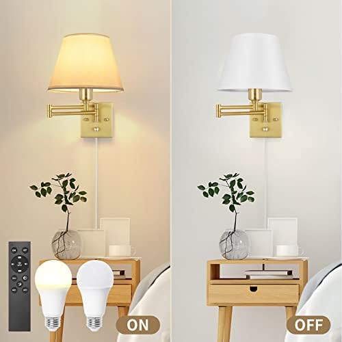 TRLIFE Dimmable Wall Sconce, Remote Control Dimming 10-100% and Adjustable Color Temperature 2700K-6500K Brushed Brass Swing Arm Wall Lights with Plug in Cord, 9.4" Medium White Shade(2 Pack, 2 Bulbs) - Image 5