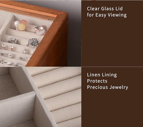 Clasin Home Jewelry Box with Glass Lid, 3 Layer Jewelry Organizer for Women, Solid Wooden Jewelry Box Display for Ring Earrings Necklace Bracelet, Pine Wood Jewelry Boxes Vintage Style for Gifts - Image 6