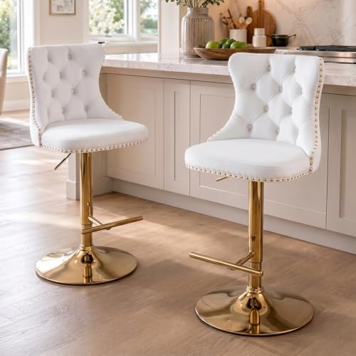 SoarFlash Velvet Bar Stool Set of 2, Adjustable Swivel Bar Stools with Gold Plated Metal Leg, Button Tufted, Footrest, Chrome Nailhead, Counter Height Chair for Kitchen, Bar, Dining Room (Beige) by SoarFlash