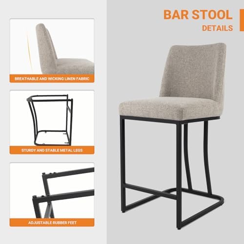 Counter Height Bar Stools Set of 2, 24 Inch Seat Height Bar Chairs for Kitchen Island, Linen Fabric Upholstered Barstools with Metal Feet for Dining Room, Sand Color - Image 3