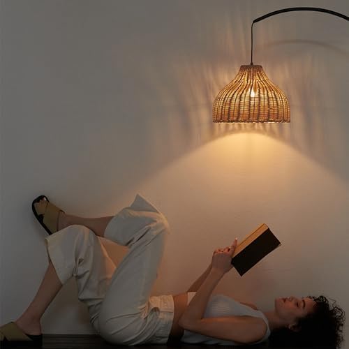Brightech Lark Standing LED Floor Lamp for Bedroom, Living Room, Office - Modern Tall Corner Arc Lamp with Boho Hanging Rattan Shade - Bright Bedside Reading Light - Black - Image 3