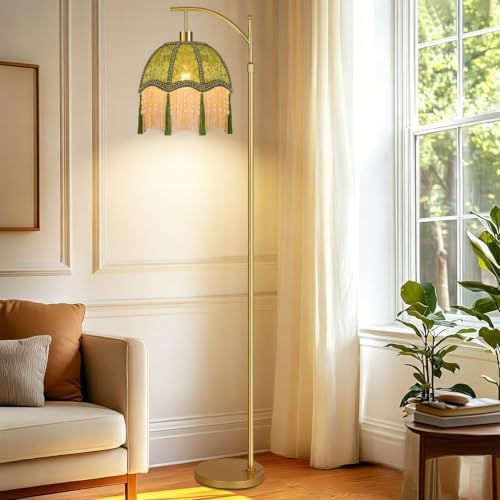 Vintage Floor Lamps for Living Room Boho Rustic Floor Lamp with Remote Control & 3 Color Temperature,Dimmable Gold Floor Lamp Mid Century Modern Standing Lamp Fringe Green Tall Floor Lamp For Bedroom - Image 7