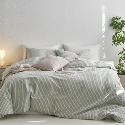 MooMee Striped Duvet Cover Set 100% Washed Cotton Linen Like Cal King by MOOMEE
