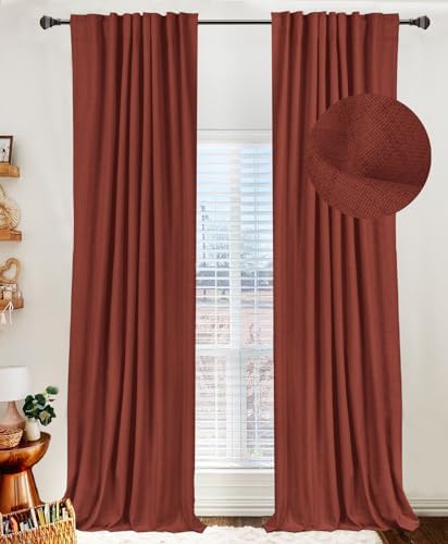 Faux Linen Total Blackout Curtains for Bedroom 72 Inches Long, Terracotta by 100BlackoutShield