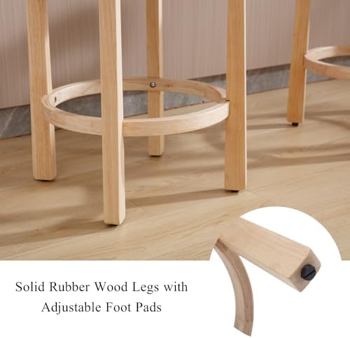 LukeAlon Sherpa Counter Stools Set of 4, Mid Century Upholstered 26.5" Seat Height Low Barstools with Natural Wood Legs Round Low Back Kitchen Stools with Footrest for Dining Room, White - Image 4