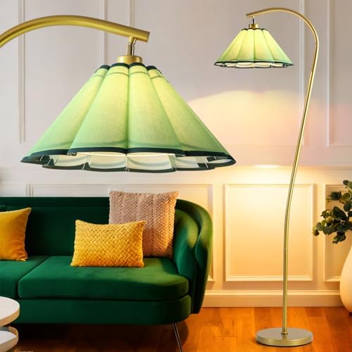 Floor Lamp with Pleated Linen Lampshade, Modern Flower Floor Lamp for Living Room Arc Standing Lamp, Gold Tall Lamp for Bedroom Office Dining Room, Bulb Included (Gold + Green, 65IN) by Unknown