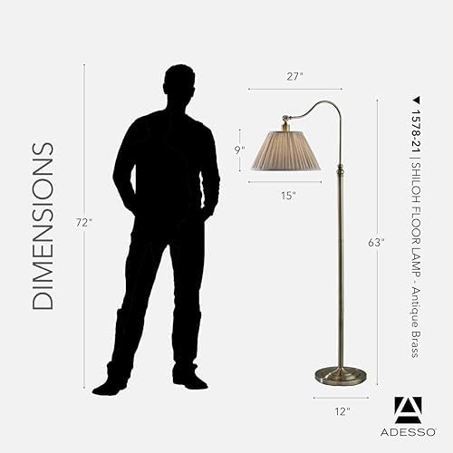 Adesso Floor Lamp, Antique Brass & Oatmeal, Pleated Shade, 63” - Image 5