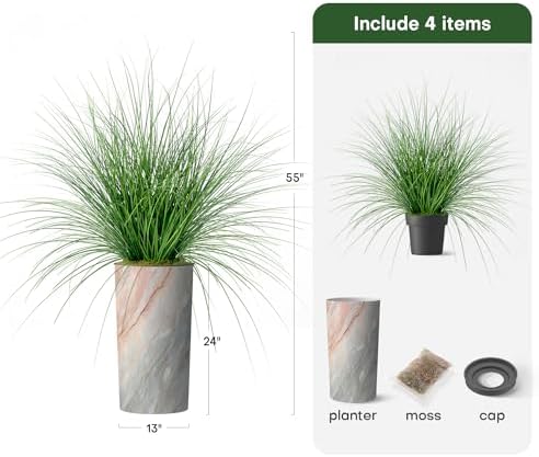 Artificial Tree in Modern Granite Effect Planter, Fake Onion Grass Silk Tree for Indoor and Outdoor Home Decoration - 55" Overall Tall (Plant Pot Plus Tree) - Image 3