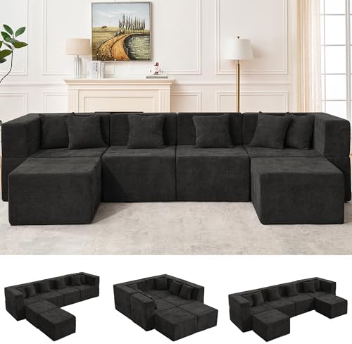 MONVANE 130'' Modular Sectional Cloud Couch for Living Room, 6 Seater Convertible Chenille Couches Set with Ottoman & Pillow, No Assembly Compression Sofas, Comfy Floor Sofa with Memory Foam, Black by MONVANE