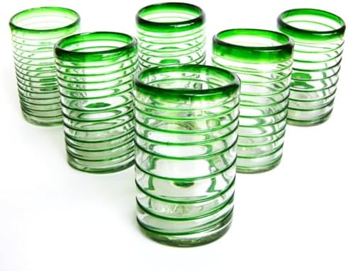 Emerald Green Spiral 14 oz Drinking Glasses (set of 6), Recycled Glass, Lead-free, Toxin-Free (Drinking) by MexHandcraft