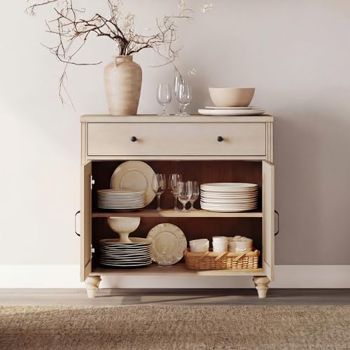 WAMPAT Farmhouse Buffet Cabinet with Doors & Drawer, Light Oak, 34 inch - Image 4
