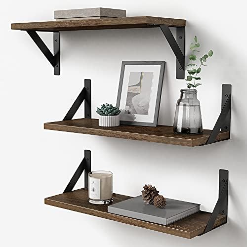Forbena Rustic Floating Book Shelves for Wall Set of 3, 17 Inch Wood Wall Bookshelf for Bedroom, Wooden Wall Mounted Hanging Shelf for Office Living Room Bathroom Decor Pictures Books (Dark Brown) by Forbena