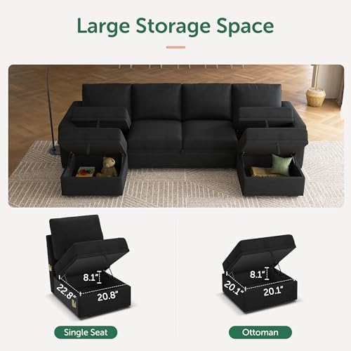 HONBAY Modular Sectional Sleeper Sofa Bed, Velvet Sectional Couch with Pull Out Bed U Shaped Modular Couch with Storage Ottoman for Living Room, Black - Image 4