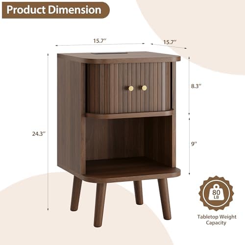Decofy Fluted Nightstand Set of 2, Charging Station & Sliding Doors, Walnut - Image 2