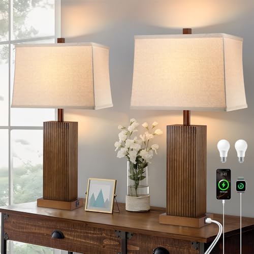 Lovlast 27.5" Wood Table Lamps Set of 2 for Bedroom Living Room (Walnut) by Lovlast