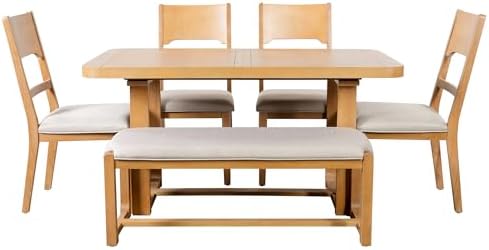 VilroCaz 6-Piece Acacia Wood Dining Table Set, Extendable Rectangular Dining Table with 4 Upholstered Dining Chairs& Bench, Reinforced Stretcher Base for Kitchen and Dining Room (Natural/Beige) - Image 5