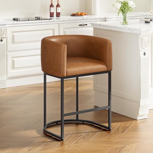 26" H Counter Height Bar Stools Set of 1, Modern Barrel Counter Stools with Backrest and Arms, Faux Leather Upholstered Accent Barstools for Kitchen Island,Support 450 LBS (Walnut Brown by VATROS