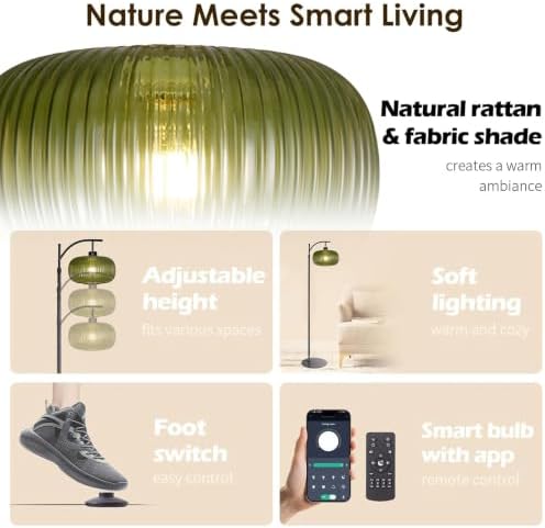 Dark Green Glass Floor Lamp for Living Room, Modern Standing Lamp for Bedroom, Dimmable Tall Lamp with Shade, Remote,12W LED Bulb Included - Image 7