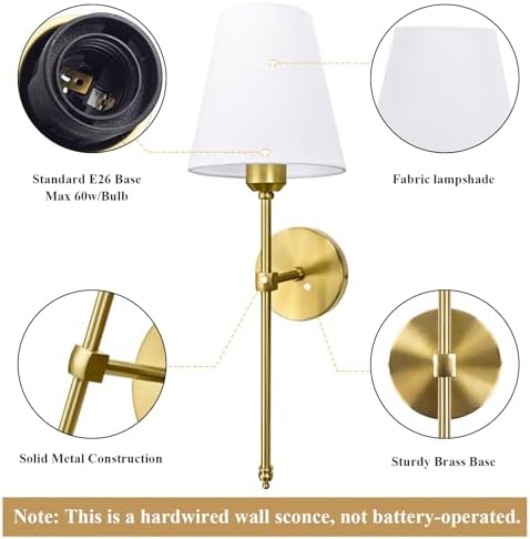 Bsmathom Wall Sconces Sets of 2, Hardwired Classic Brushed Brass Sconces Wall Lighting, Bathroom Vanity Light Fixture with Fabric Shade for Bedroom Living Room Hallway Kitchen, Bright Gold - Image 2