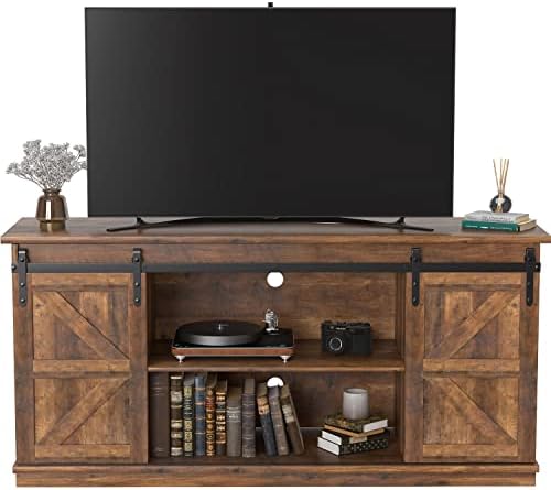 JUMMICO TV Stand for 65 Inch TV, Sliding Barn Doors, Rustic Oak by JUMMICO