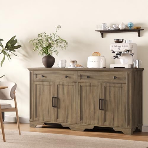 ONBRILL 63" Sideboard Buffet Cabinet, Large Credenza Washed Brown - Image 6