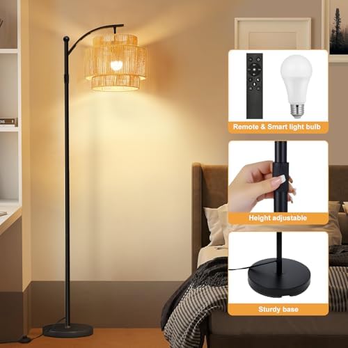 Vinaco Rattan Boho Floor Lamp, 3 Color Temperatures Remote & Foot Switch - Image 6