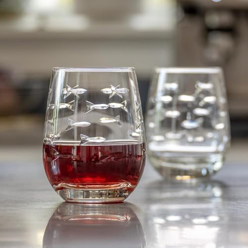 Rolf Glass School of Fish Clear Stemless Wine Glass | Set of 2 Stemless Glasses | 15oz Glass Tumblers | Engraved Lead-Free Coastal Glassware | Made in the USA - Image 6