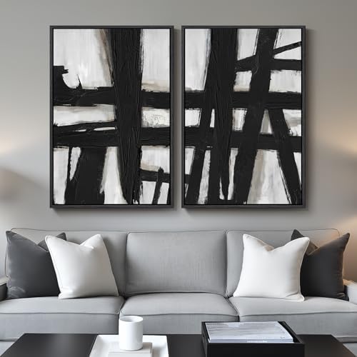 Large Framed Black White Abstract Wall Art for Living Room Set of 2, 24x36 by Cuspin